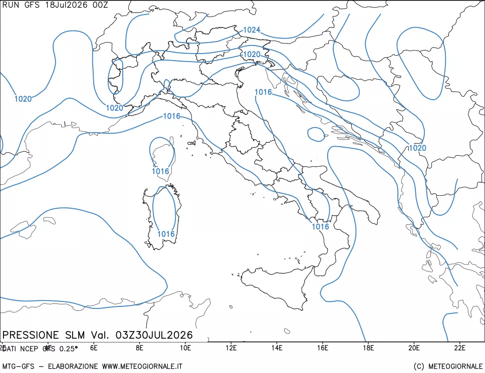mappa Pressione sul livello del mare