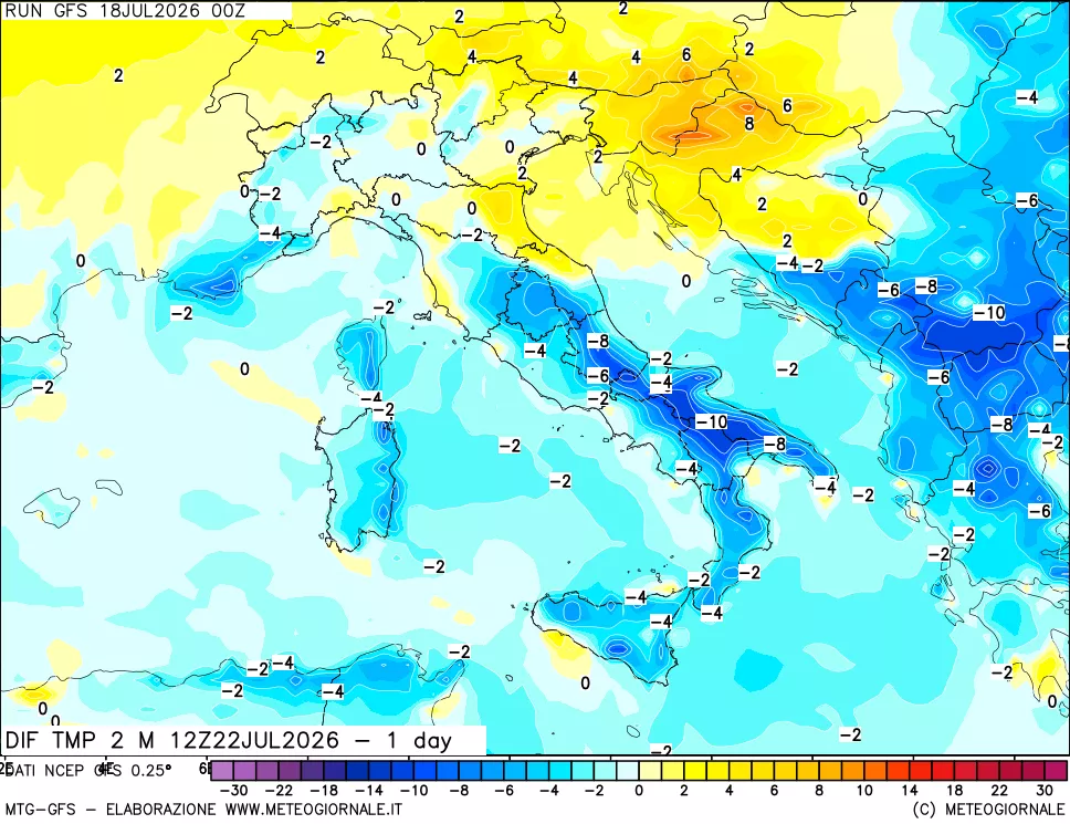 mappa Dif. Temp a 2 metri Valid - 1 day