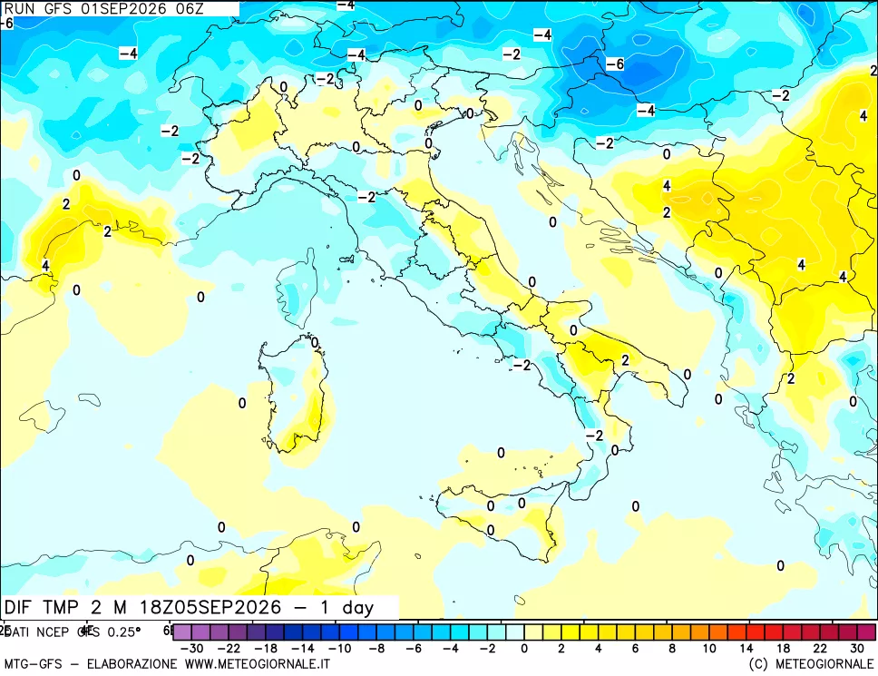 mappa Dif. Temp a 2 metri Valid - 1 day