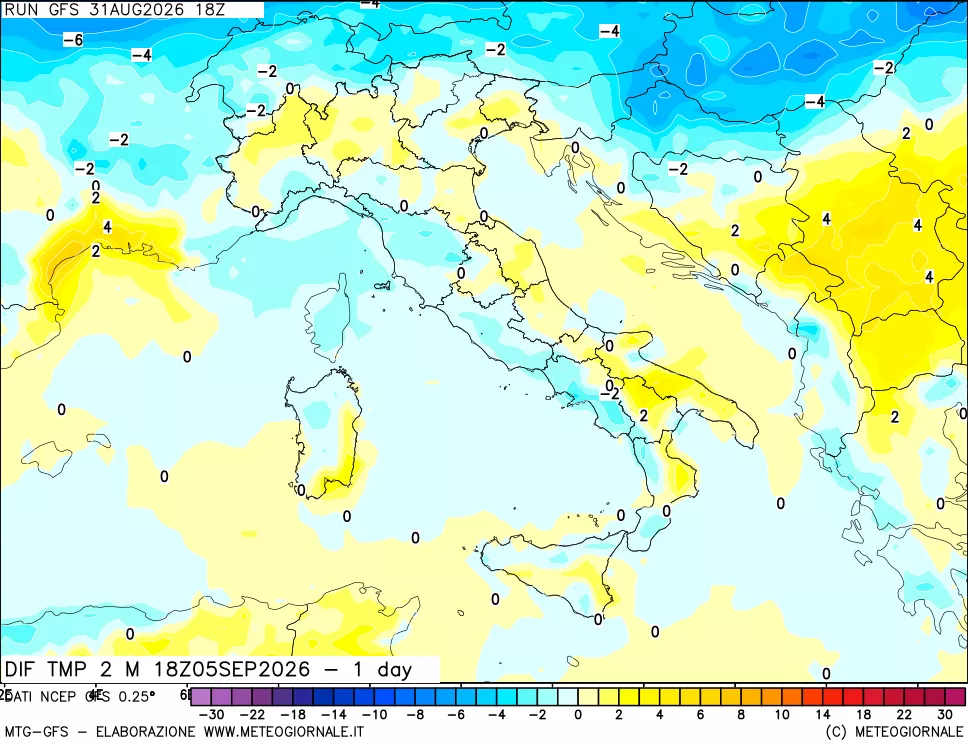 mappa Dif. Temp a 2 metri Valid - 1 day