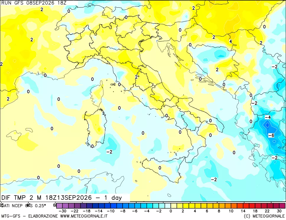 mappa Dif. Temp a 2 metri Valid - 1 day