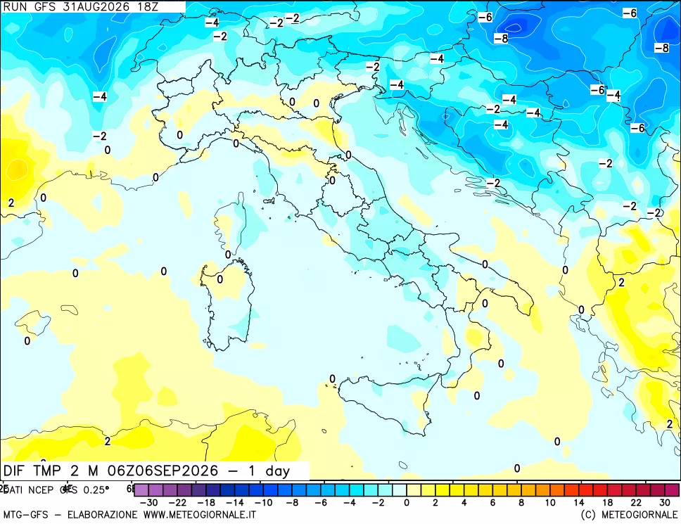 mappa Dif. Temp a 2 metri Valid - 1 day