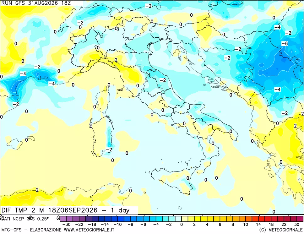 mappa Dif. Temp a 2 metri Valid - 1 day