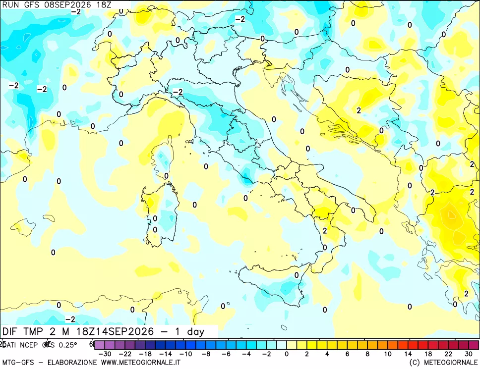 mappa Dif. Temp a 2 metri Valid - 1 day