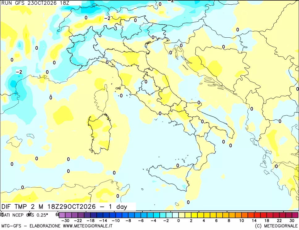 mappa Dif. Temp a 2 metri Valid - 1 day