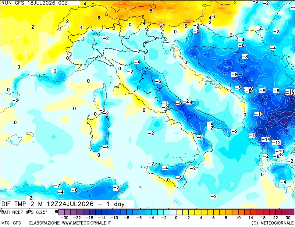 mappa Dif. Temp a 2 metri Valid - 1 day