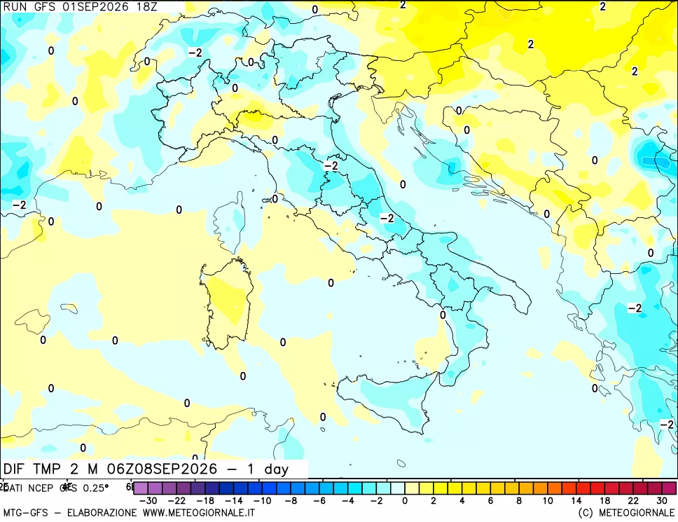 mappa Dif. Temp a 2 metri Valid - 1 day