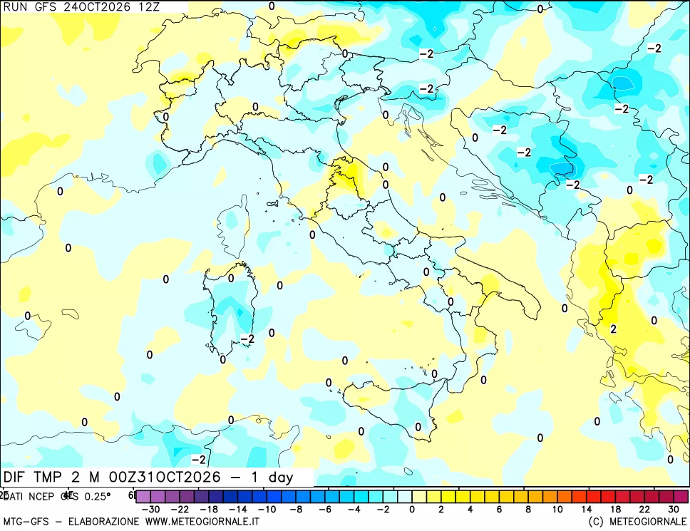 mappa Dif. Temp a 2 metri Valid - 1 day