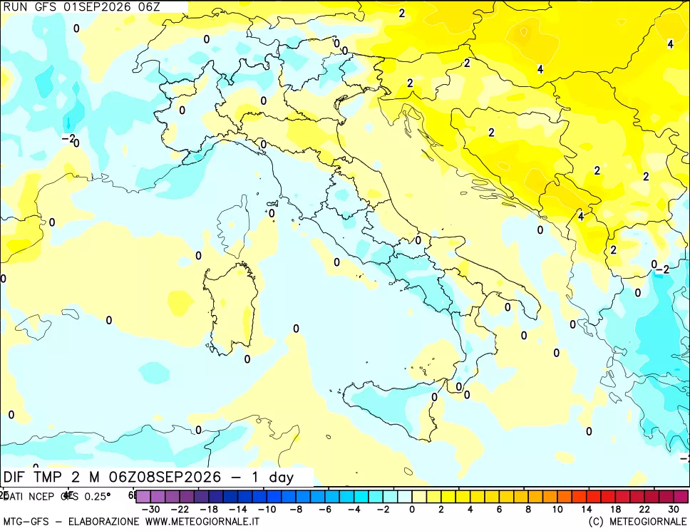 mappa Dif. Temp a 2 metri Valid - 1 day