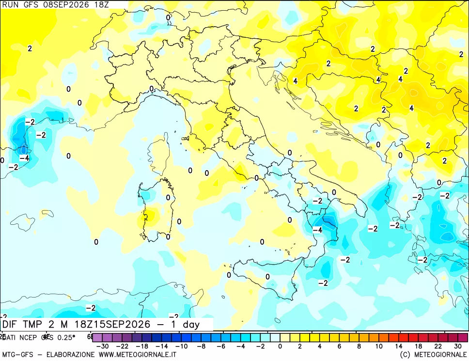 mappa Dif. Temp a 2 metri Valid - 1 day