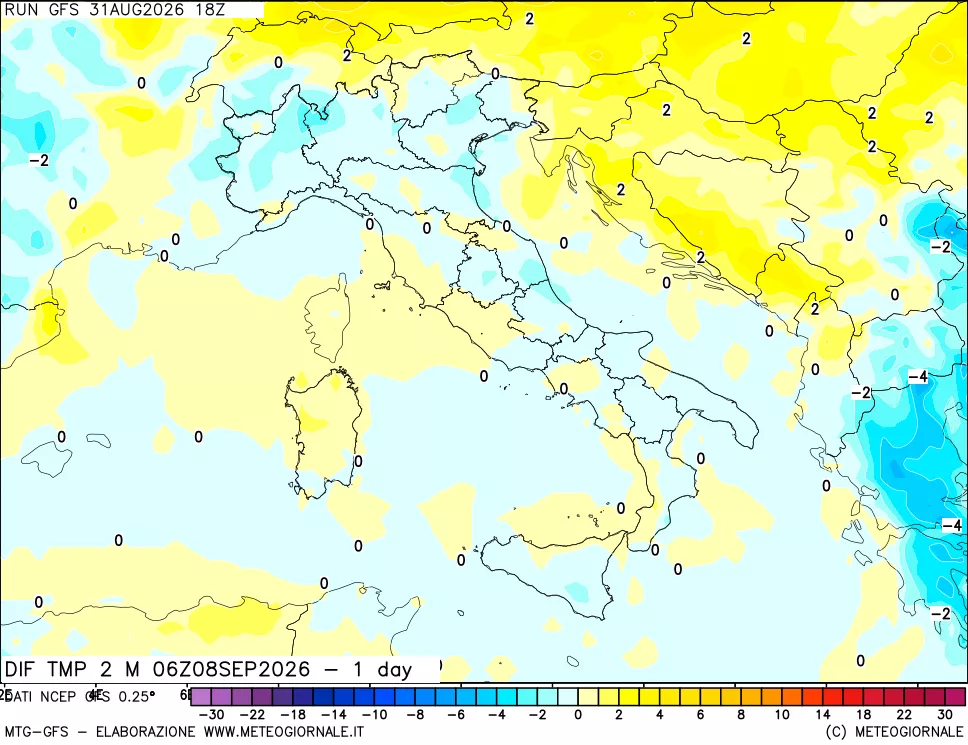 mappa Dif. Temp a 2 metri Valid - 1 day