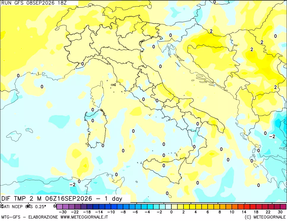 mappa Dif. Temp a 2 metri Valid - 1 day