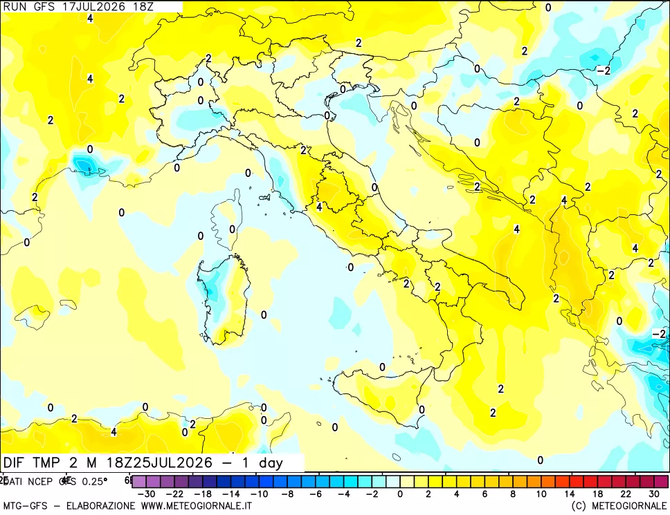 mappa Dif. Temp a 2 metri Valid - 1 day