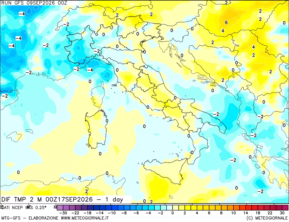 mappa Dif. Temp a 2 metri Valid - 1 day