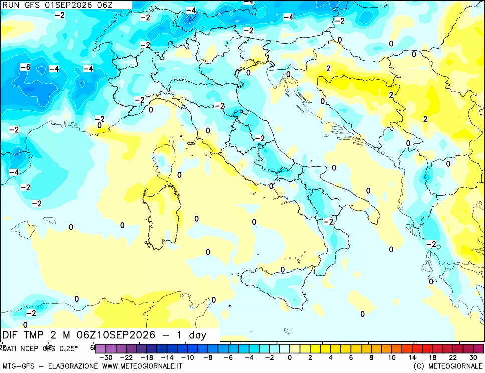 mappa Dif. Temp a 2 metri Valid - 1 day