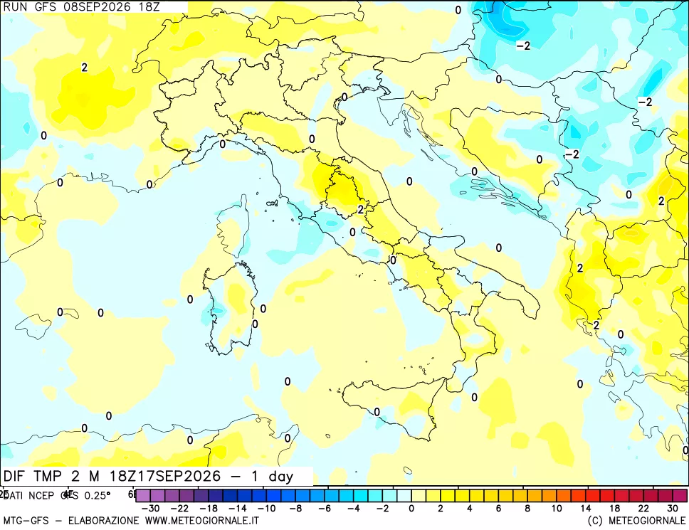 mappa Dif. Temp a 2 metri Valid - 1 day