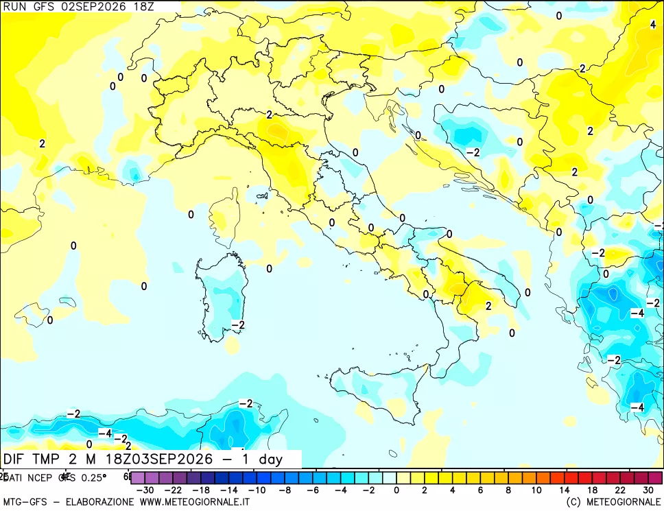 mappa Dif. Temp a 2 metri Valid - 1 day