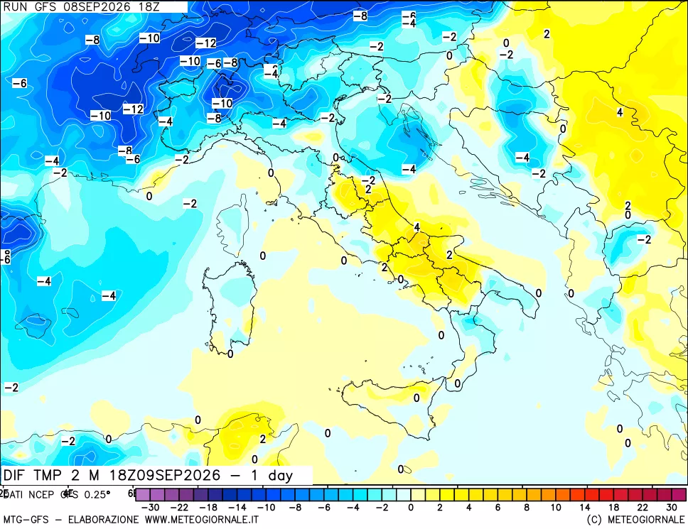 mappa Dif. Temp a 2 metri Valid - 1 day