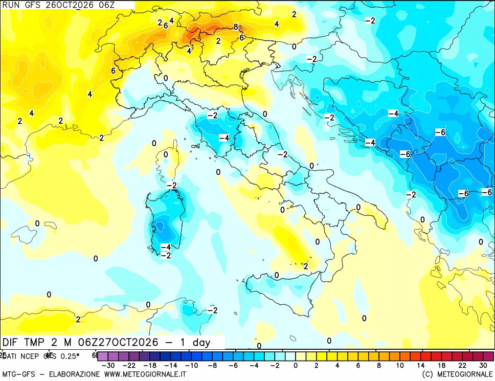 mappa Dif. Temp a 2 metri Valid - 1 day