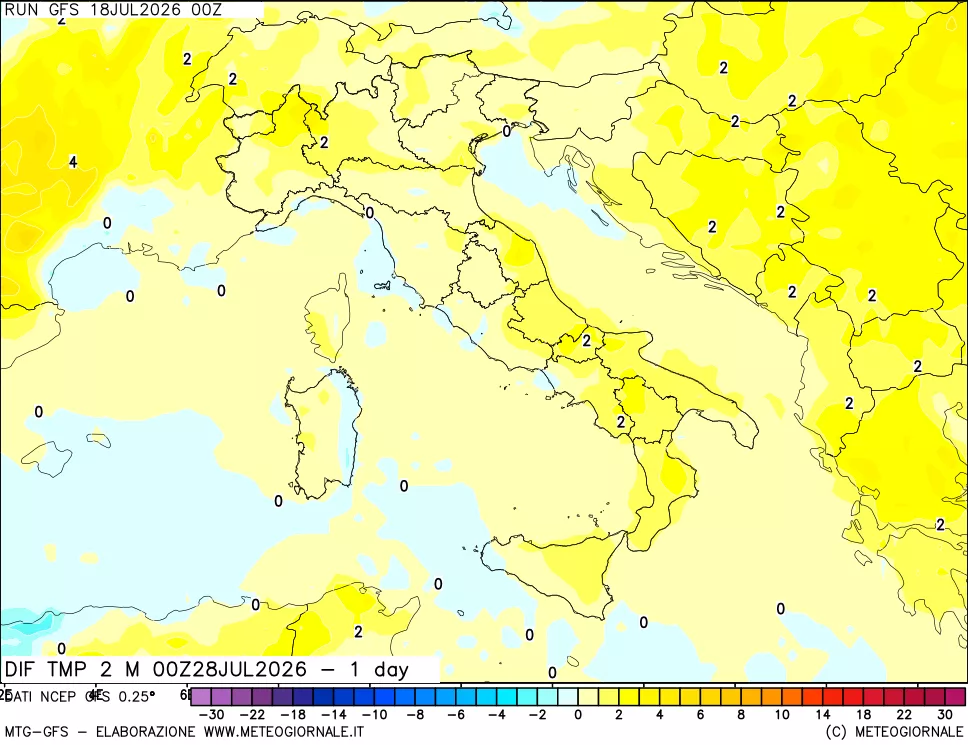 mappa Dif. Temp a 2 metri Valid - 1 day