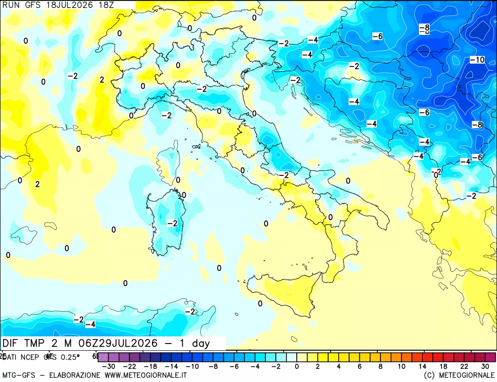 mappa Dif. Temp a 2 metri Valid - 1 day