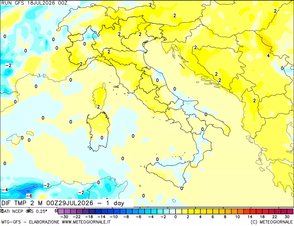 mappa Dif. Temp a 2 metri Valid - 1 day