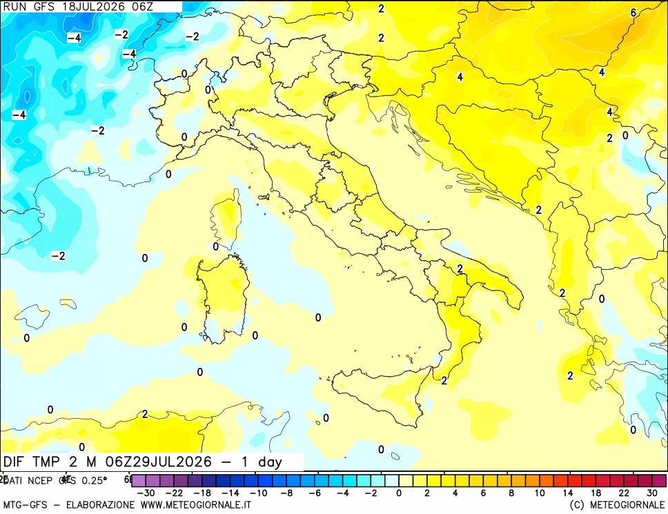 mappa Dif. Temp a 2 metri Valid - 1 day