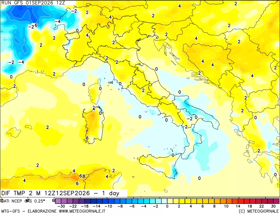 mappa Dif. Temp a 2 metri Valid - 1 day