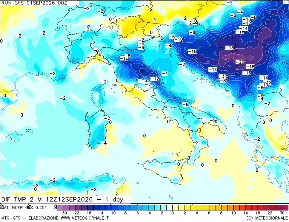 mappa Dif. Temp a 2 metri Valid - 1 day