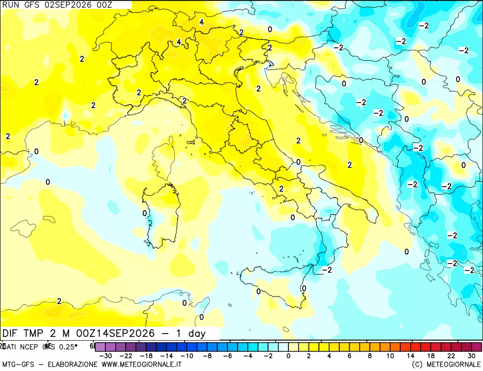 mappa Dif. Temp a 2 metri Valid - 1 day