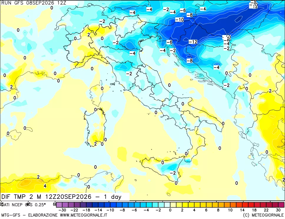 mappa Dif. Temp a 2 metri Valid - 1 day
