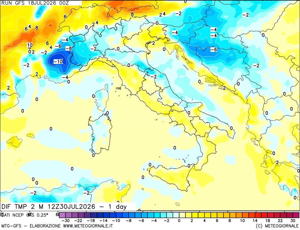 mappa Dif. Temp a 2 metri Valid - 1 day