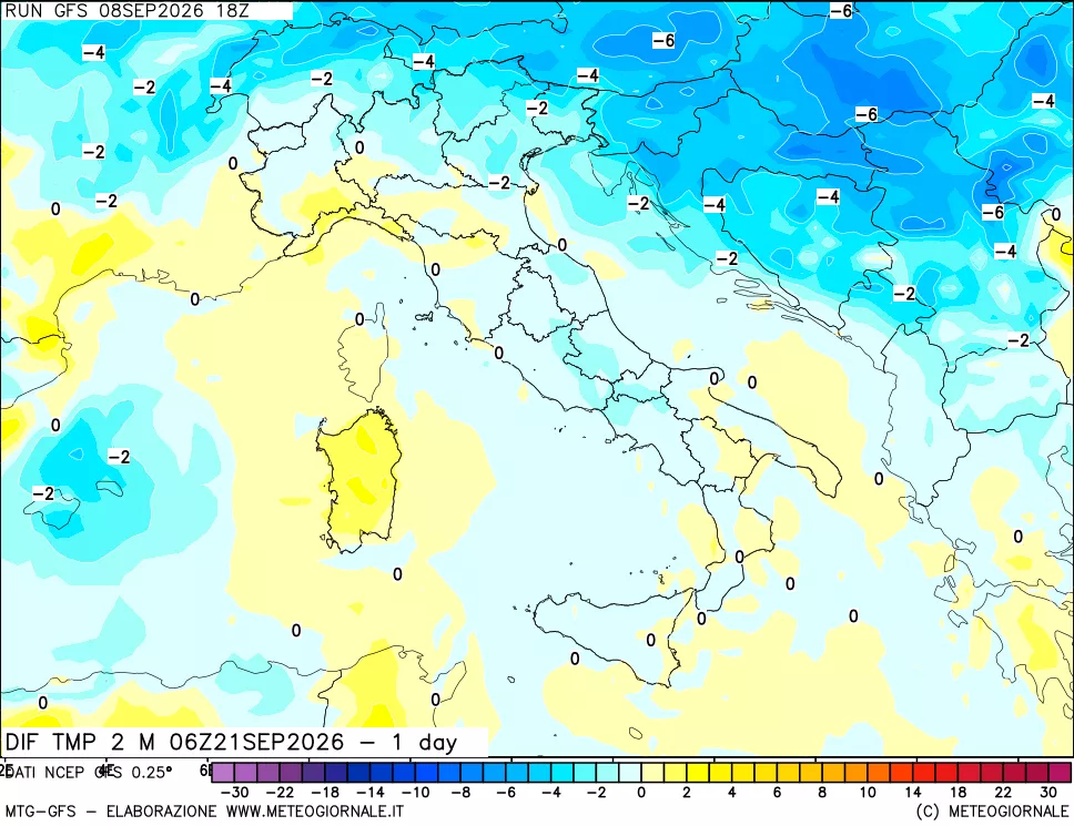 mappa Dif. Temp a 2 metri Valid - 1 day