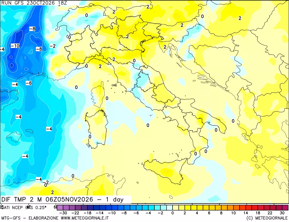 mappa Dif. Temp a 2 metri Valid - 1 day