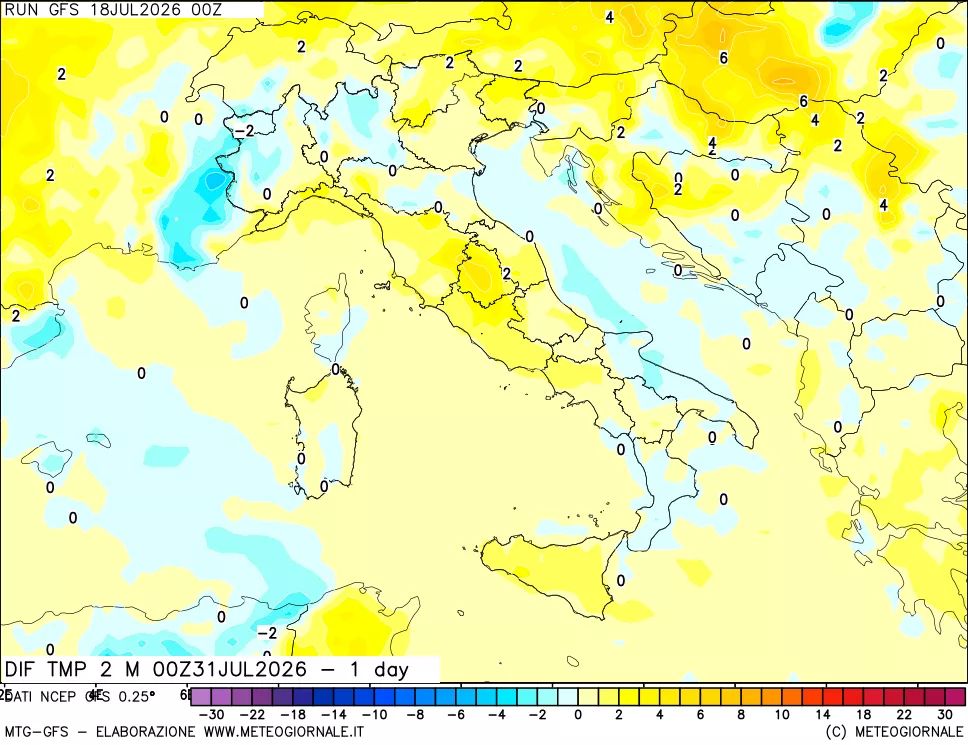 mappa Dif. Temp a 2 metri Valid - 1 day