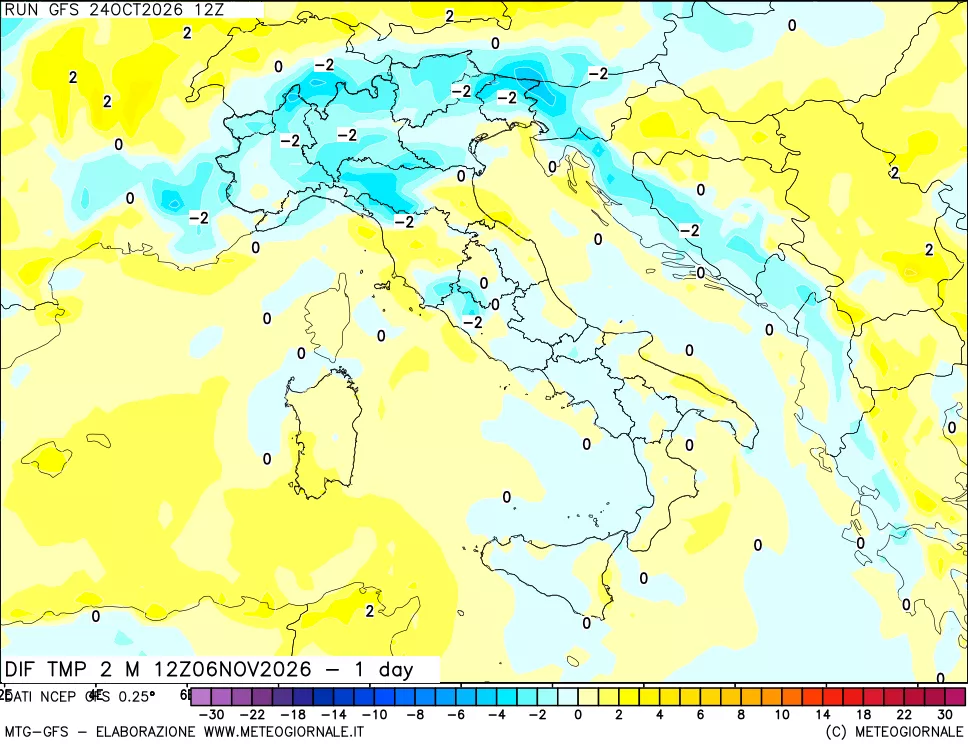 mappa Dif. Temp a 2 metri Valid - 1 day