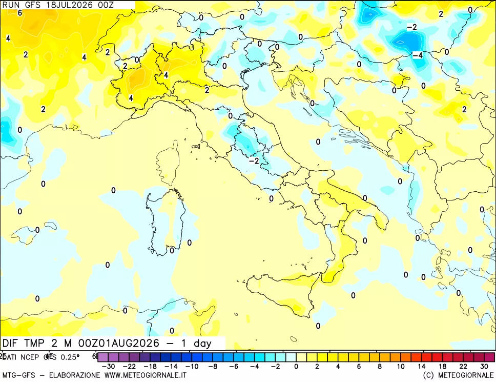 mappa Dif. Temp a 2 metri Valid - 1 day