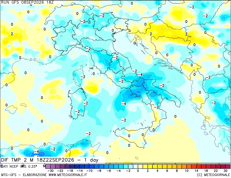 mappa Dif. Temp a 2 metri Valid - 1 day