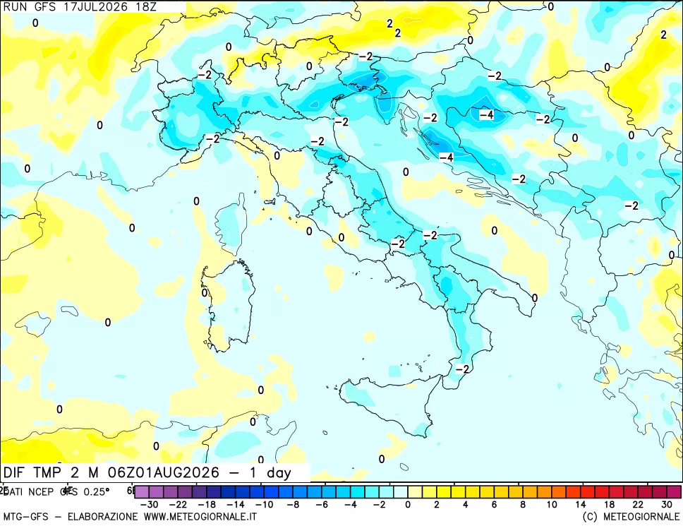 mappa Dif. Temp a 2 metri Valid - 1 day