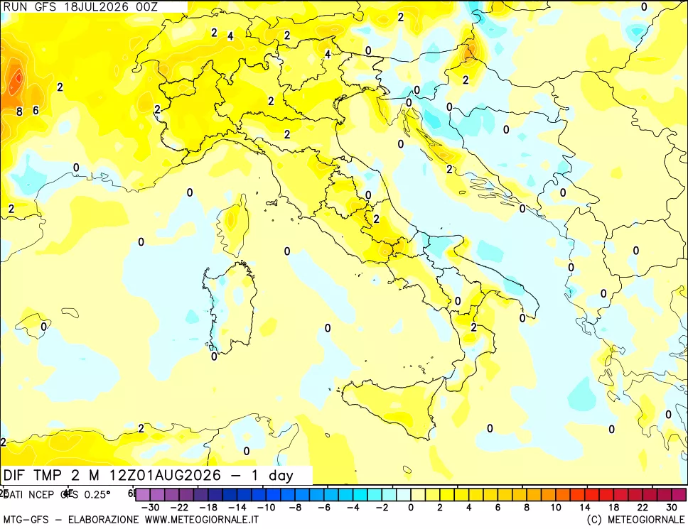 mappa Dif. Temp a 2 metri Valid - 1 day
