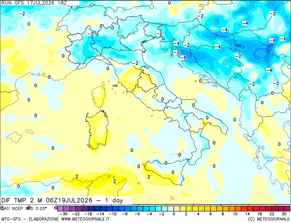 mappa Dif. Temp a 2 metri Valid - 1 day