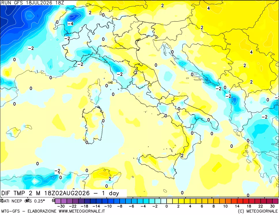 mappa Dif. Temp a 2 metri Valid - 1 day