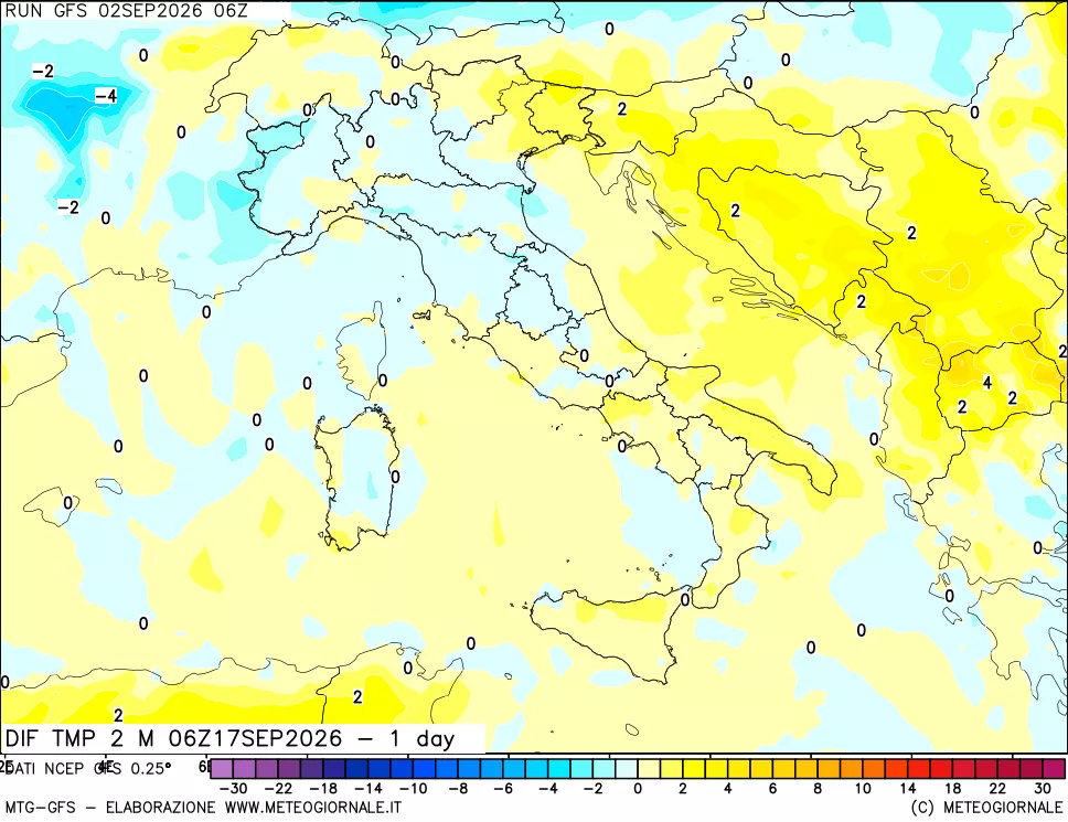 mappa Dif. Temp a 2 metri Valid - 1 day