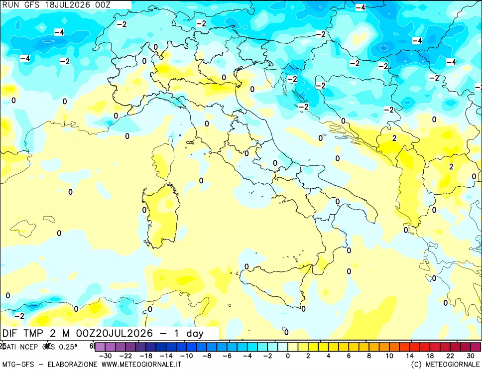 mappa Dif. Temp a 2 metri Valid - 1 day
