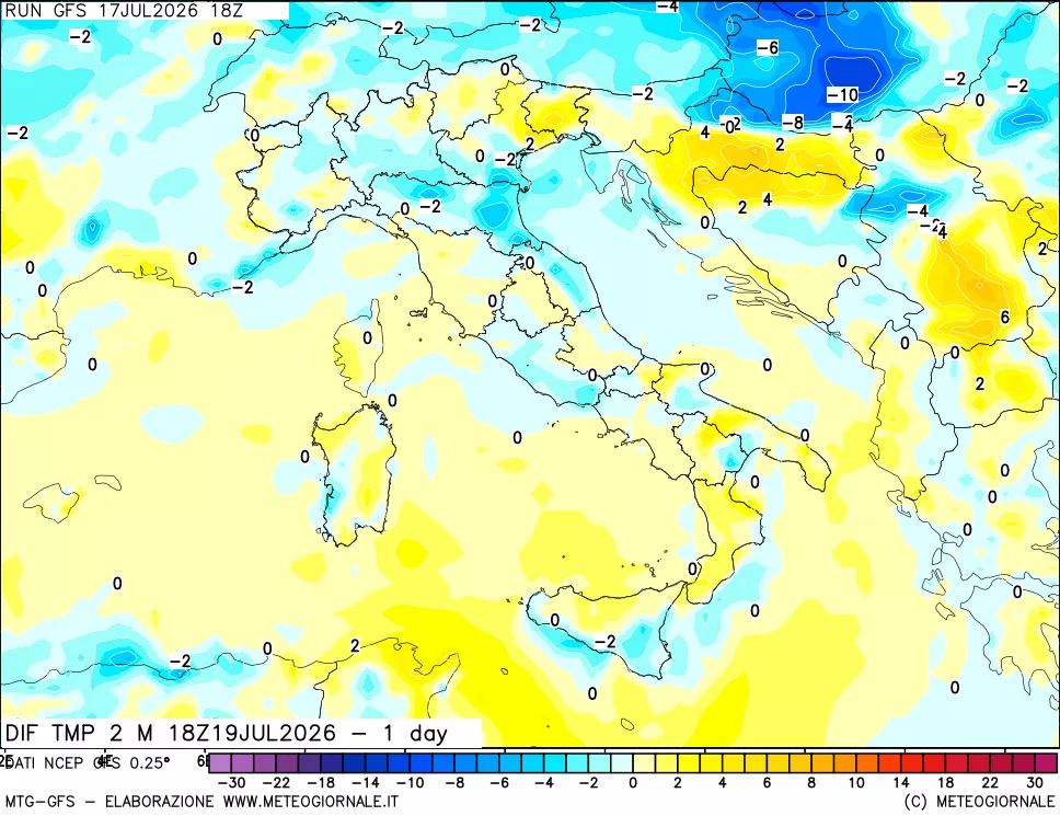 mappa Dif. Temp a 2 metri Valid - 1 day