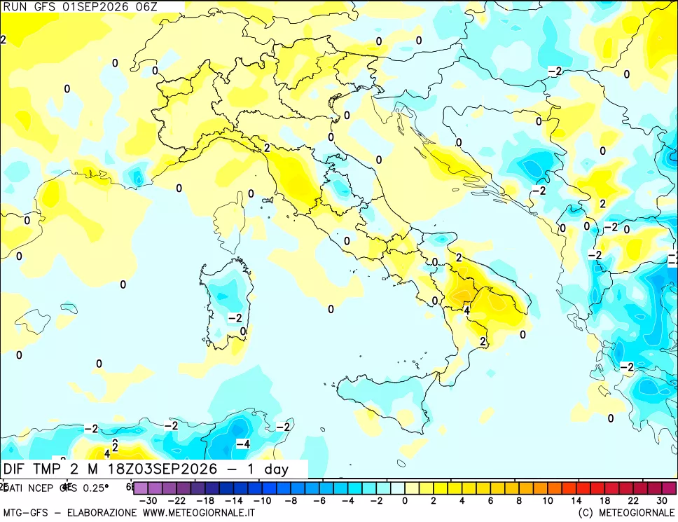 mappa Dif. Temp a 2 metri Valid - 1 day