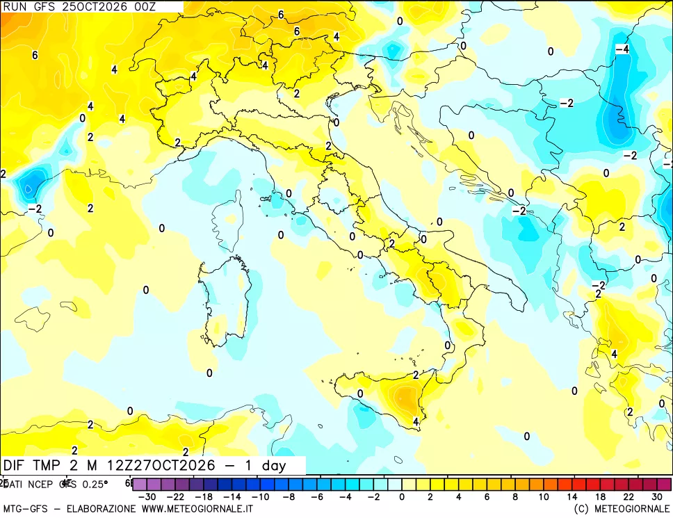 mappa Dif. Temp a 2 metri Valid - 1 day