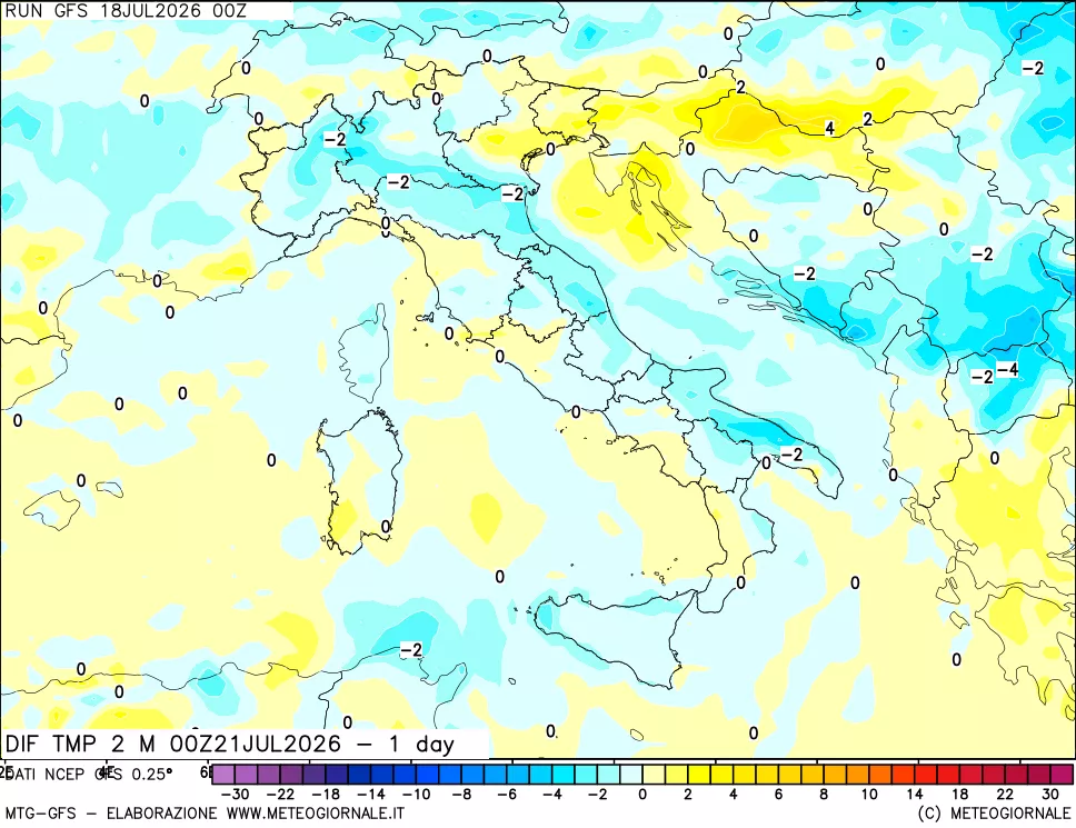 mappa Dif. Temp a 2 metri Valid - 1 day