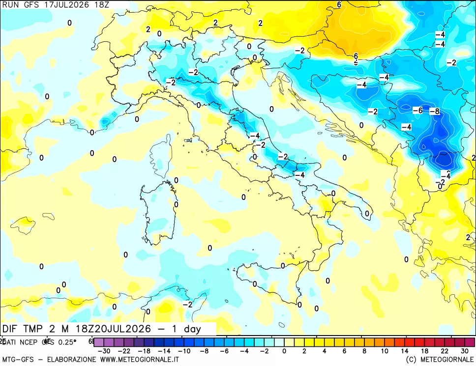 mappa Dif. Temp a 2 metri Valid - 1 day