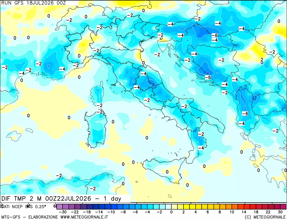 mappa Dif. Temp a 2 metri Valid - 1 day